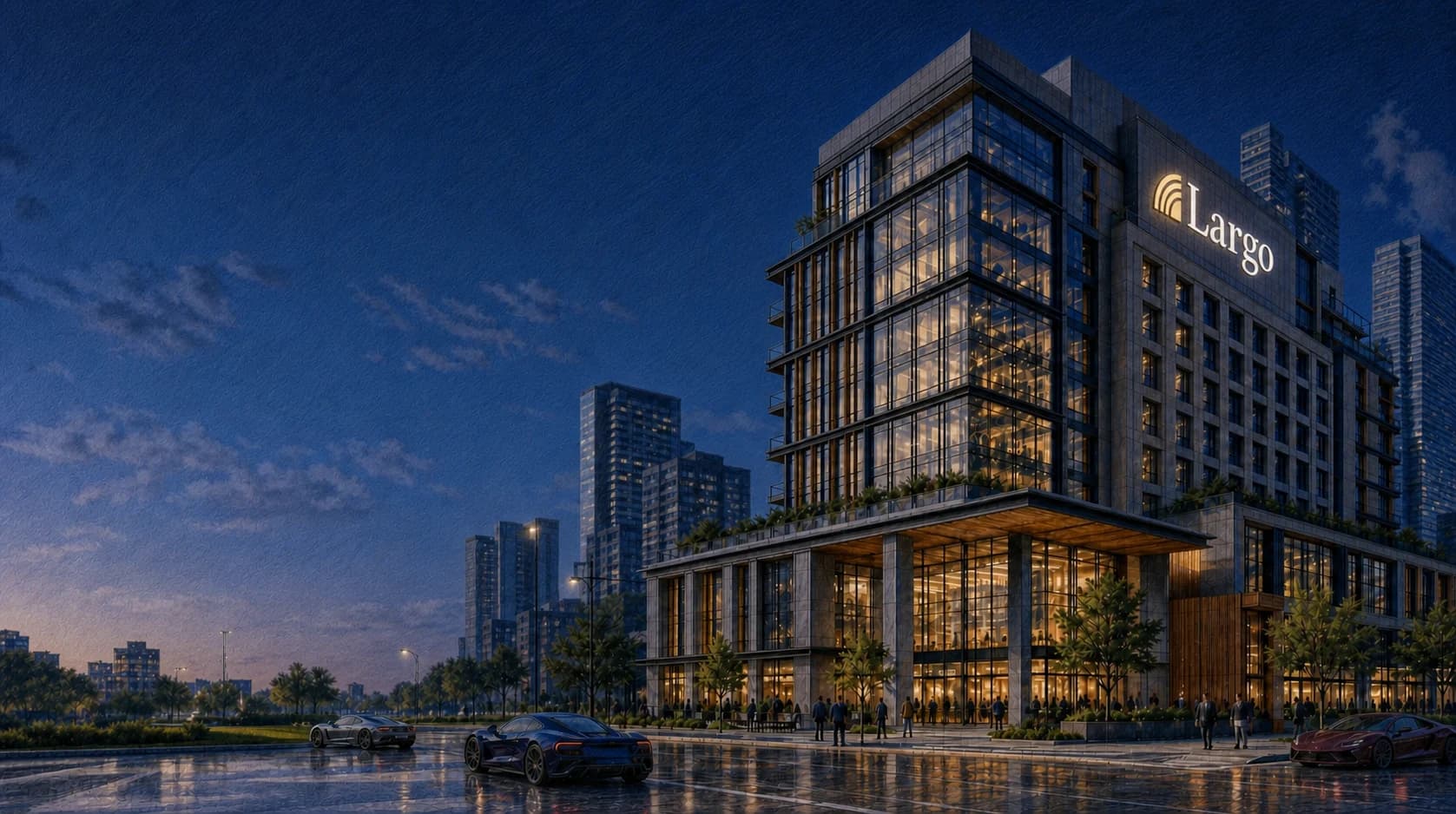 Colored-pencil architectural sketch of a commercial real estate property at night