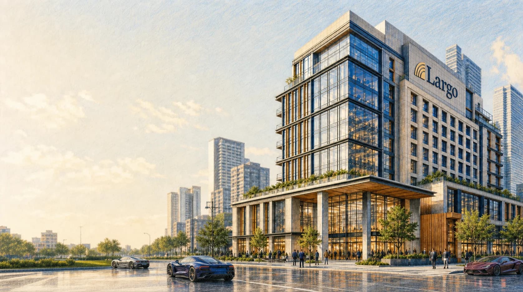 Colored-pencil architectural sketch of a commercial real estate property